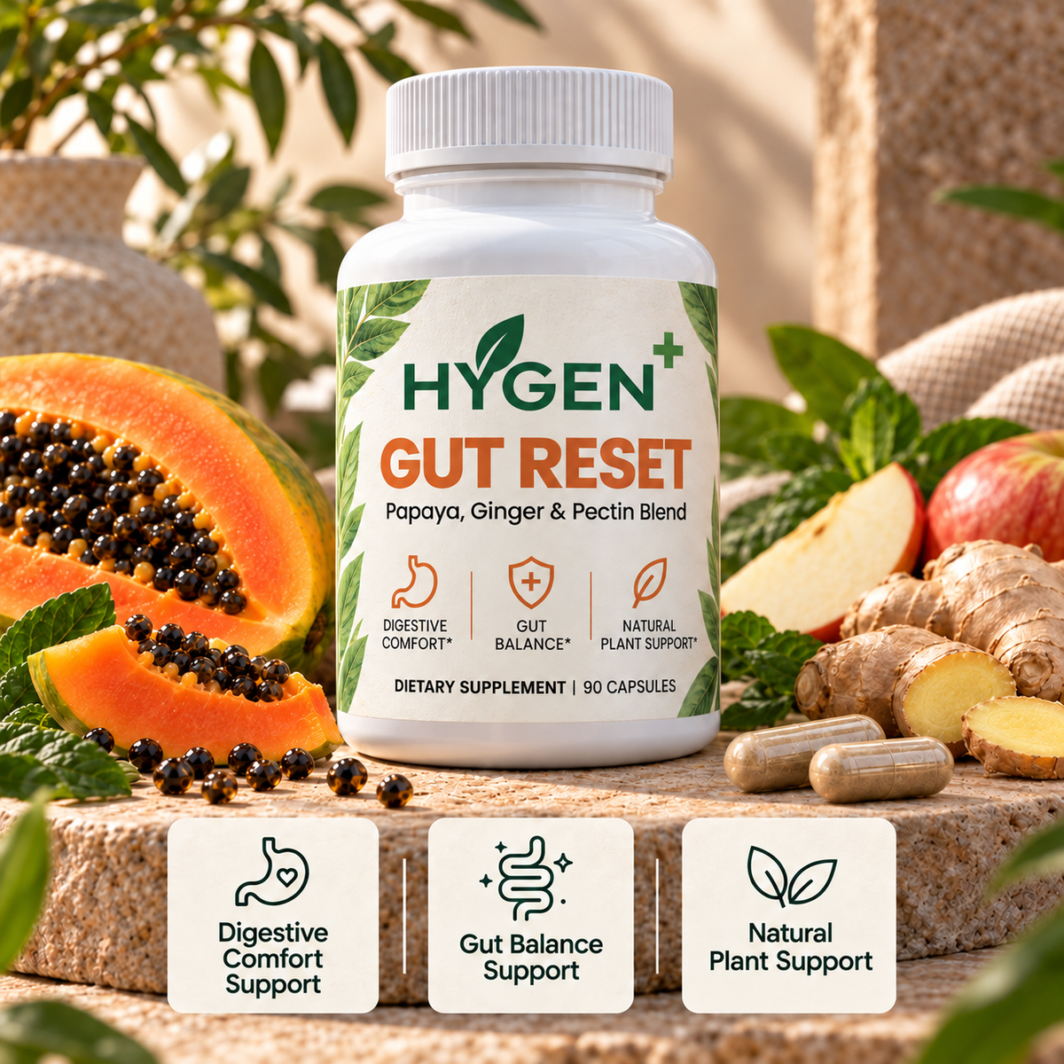 HYGEN Gut Reset — Papaya, Ginger & Pectin Blend, 90 capsules