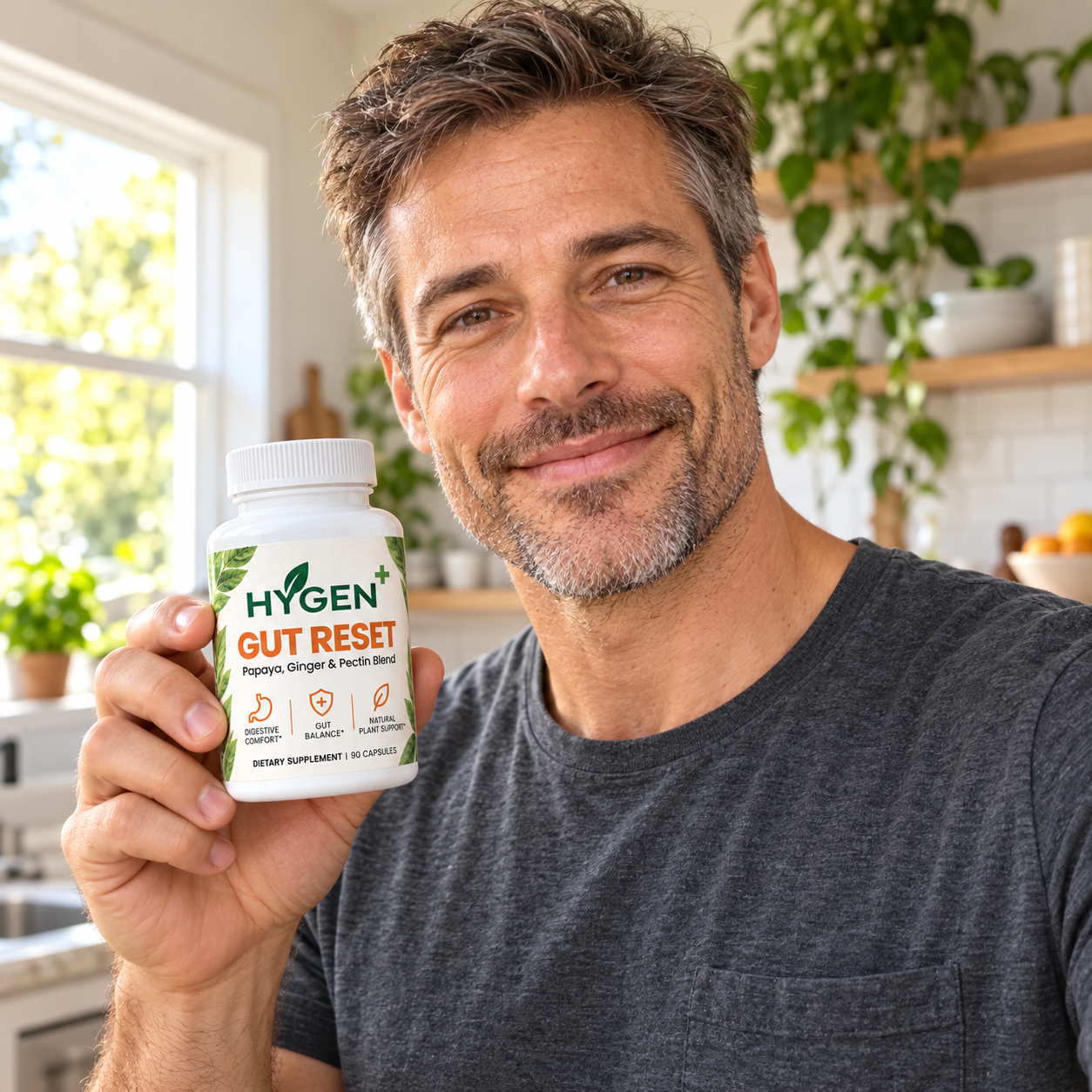 AI-generated male advertising model holding HYGEN Gut Reset