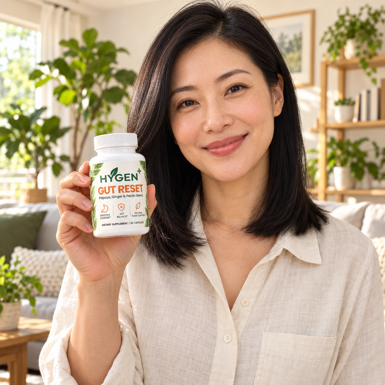AI-generated advertising model with the HYGEN supplement bottle